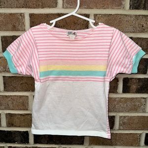 Winnie the Pooh Vintage Pastel Pink, Teal, and Yellow Stripe Girls Shirt Size 4T